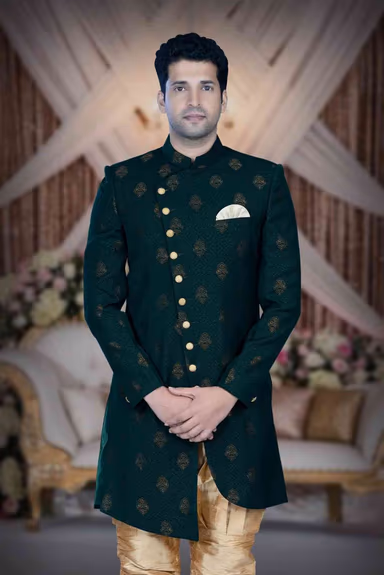 Asymmetrical Cut  Jacquard In Bottle Green Indowestern — view 2 of 6