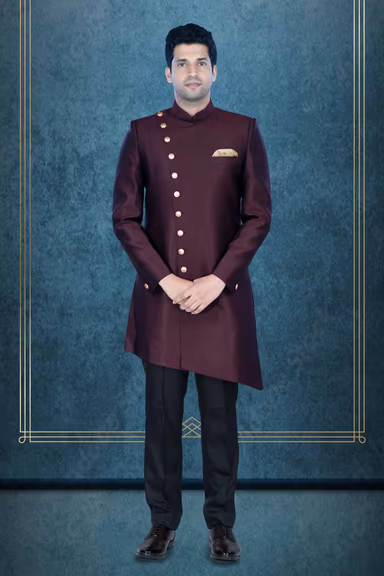 Asymmetrical Cut Imported Terry Rayon In Brown Indowestern — view 1 of 6