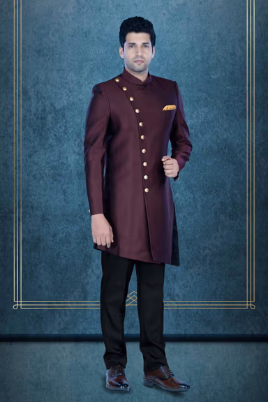 Asymmetrical Cut Imported Terry Rayon In Brown Indowestern — view 3 of 6