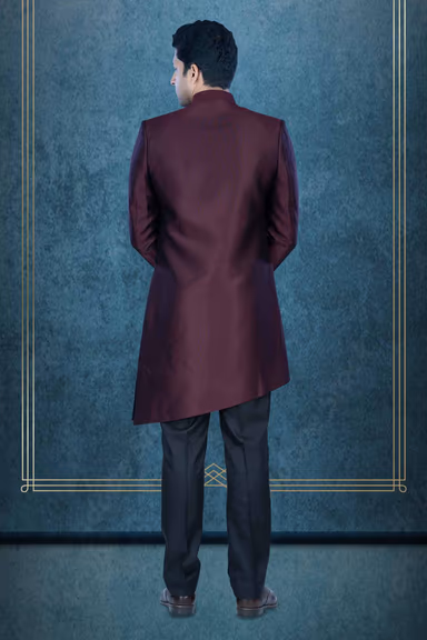 Asymmetrical Cut Imported Terry Rayon In Brown Indowestern — view 5 of 6