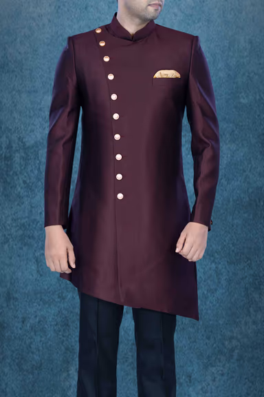 Asymmetrical Cut Imported Terry Rayon In Brown Indowestern — view 6 of 6
