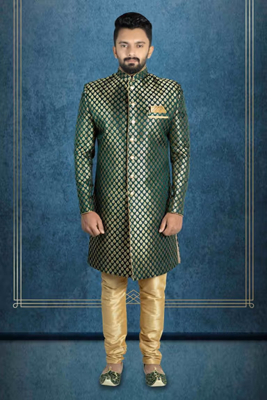 Plain Hem Brocade Green With Gold Print Sherwani — view 6 of 6