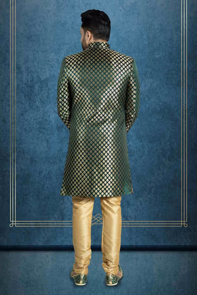 Plain Hem Brocade Green With Gold Print Sherwani — view 4 of 6