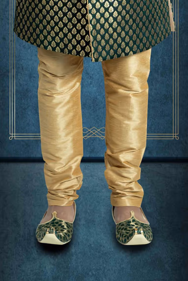 Plain Hem Brocade Green With Gold Print Sherwani — view 3 of 6