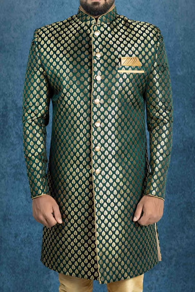 Plain Hem Brocade Green With Gold Print Sherwani — view 5 of 6