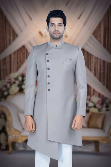 Asymmetrical Cut Imported Terry Rayon In Grey Indowestern — view 2 of 6