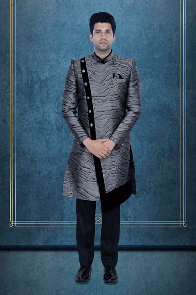 Asymmetrical Cut  Silky Jacquard In Grey & Black Indowestern — view 1 of 6