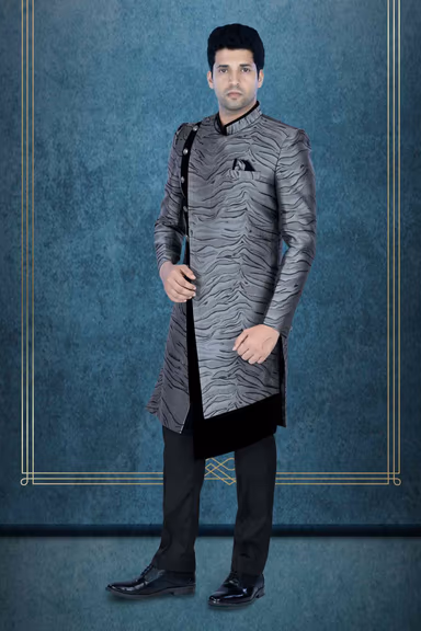 Asymmetrical Cut  Silky Jacquard In Grey & Black Indowestern — view 3 of 6