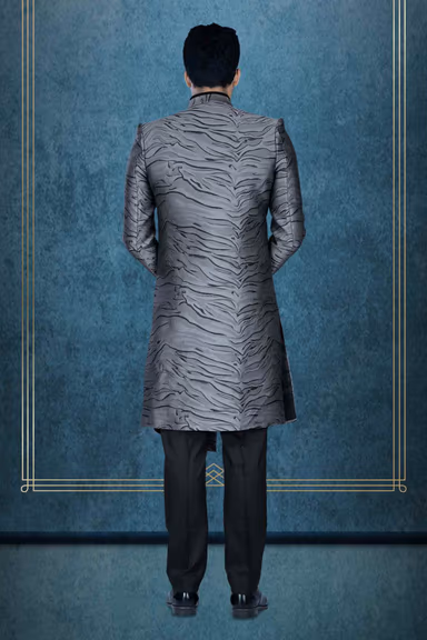 Asymmetrical Cut  Silky Jacquard In Grey & Black Indowestern — view 5 of 6