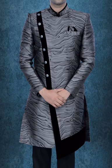 Asymmetrical Cut  Silky Jacquard In Grey & Black Indowestern — view 6 of 6