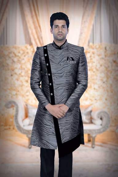 Asymmetrical Cut  Silky Jacquard In Grey & Black Indowestern — view 2 of 6