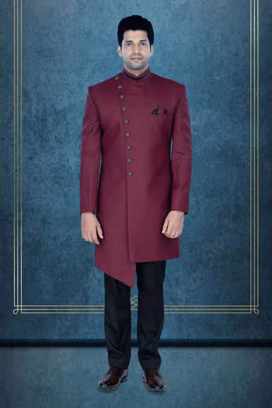 Asymmetrical Cut  Imported Terry Rayon In Maroon Indowestern — view 1 of 6
