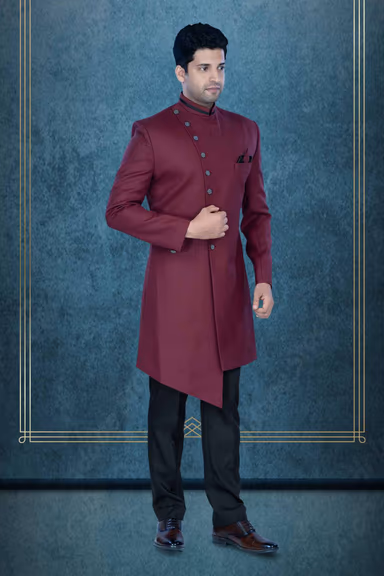 Asymmetrical Cut  Imported Terry Rayon In Maroon Indowestern — view 3 of 6