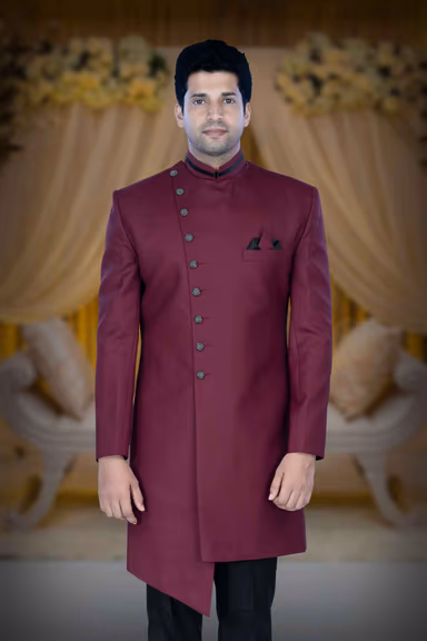 Asymmetrical Cut  Imported Terry Rayon In Maroon Indowestern — view 2 of 6