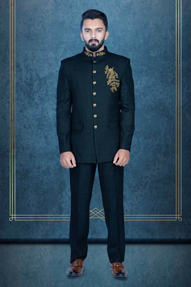 Dark Green Jodhpuri In Dubka Embroidery Using Imported Synthetic Fabric — view 1 of 6