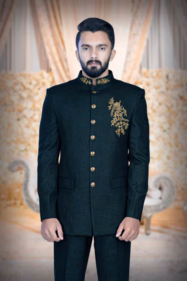 Dark Green Jodhpuri In Dubka Embroidery Using Imported Synthetic Fabric — view 2 of 6