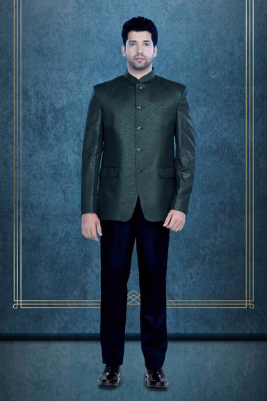 Dark Green Jodhpuri Using Printed Jaquard — view 1 of 6