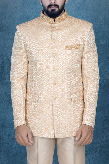 Beige Jodhpuri Suit In Zarkan Work Using Imported Synthetic Fabric — view 6 of 6