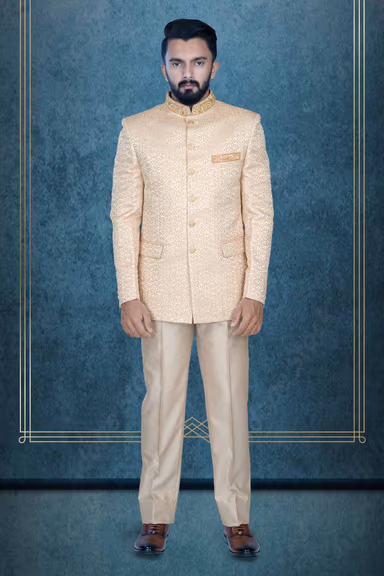 Beige Jodhpuri Suit In Zarkan Work Using Imported Synthetic Fabric — view 1 of 6