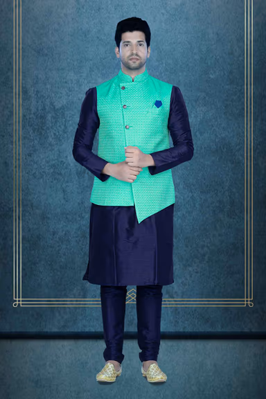 Blue Kurta Pyjama in Blended Fabric — view 6 of 6