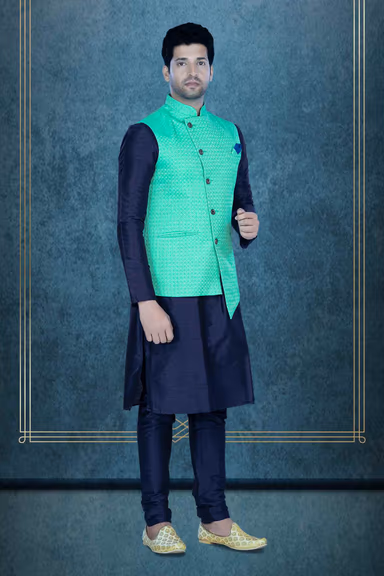 Blue Kurta Pyjama in Blended Fabric — view 5 of 6