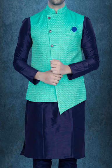 Blue Kurta Pyjama in Blended Fabric — view 4 of 6