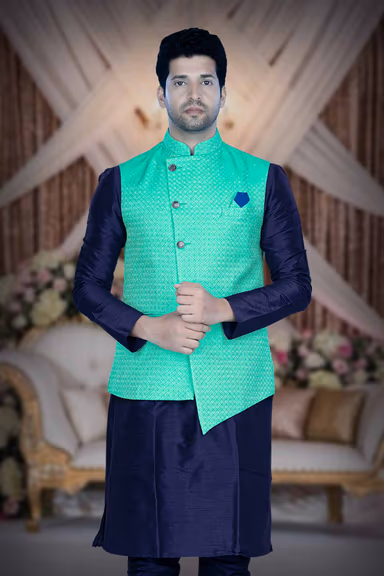 Blue Kurta Pyjama in Blended Fabric — view 1 of 6