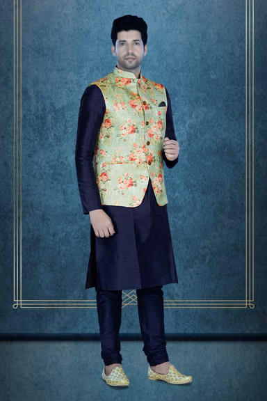 Blue Kurta Pyjama in Blended Fabric — view 6 of 6