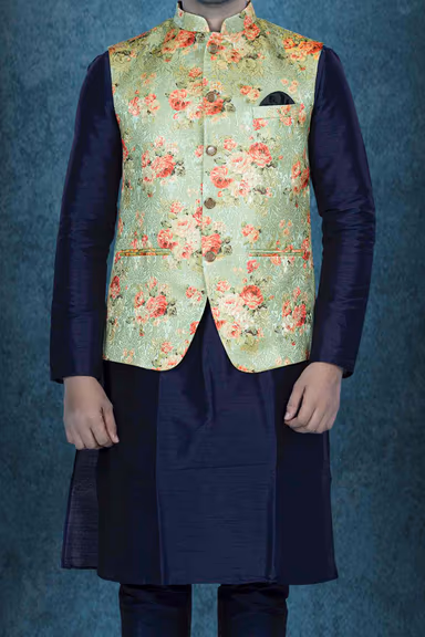 Blue Kurta Pyjama in Blended Fabric — view 5 of 6