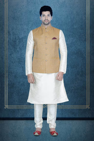 Golden Kurta Pyjama in Blended Fabric — view 1 of 6