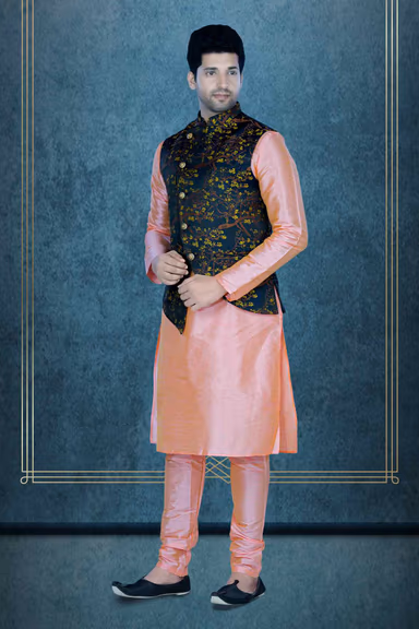 Peach Kurta Pyjama in Blended Fabric — view 5 of 6