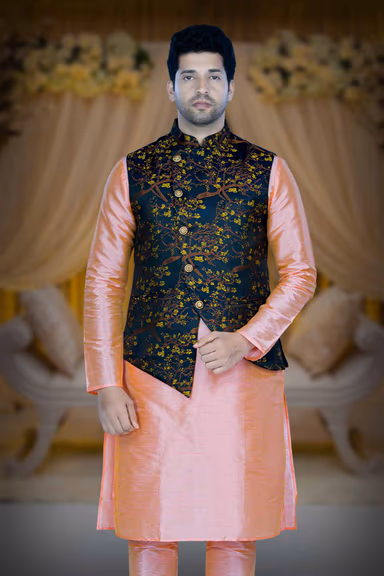 Peach Kurta Pyjama in Blended Fabric — view 1 of 6