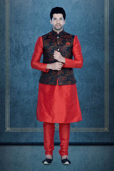 Red Kurta Pyjama in Blended Fabric — view 6 of 6