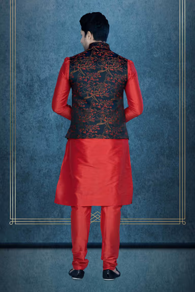 Red Kurta Pyjama in Blended Fabric — view 3 of 6