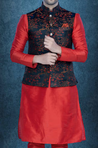 Red Kurta Pyjama in Blended Fabric — view 4 of 6