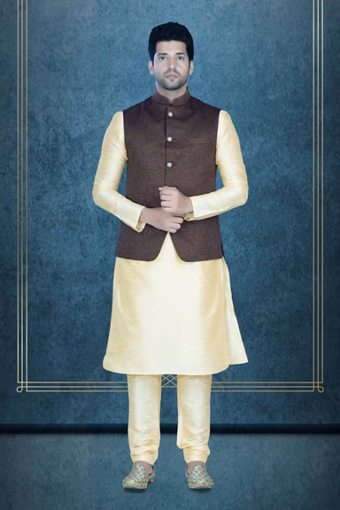 Golden Kurta Pyjama in Blended Fabric — view 6 of 6