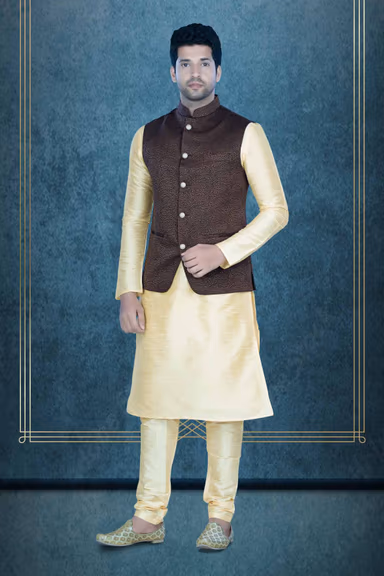 Golden Kurta Pyjama in Blended Fabric — view 5 of 6