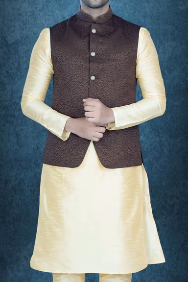 Golden Kurta Pyjama in Blended Fabric — view 4 of 6