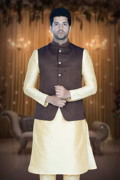 Golden Kurta Pyjama in Blended Fabric — view 1 of 6