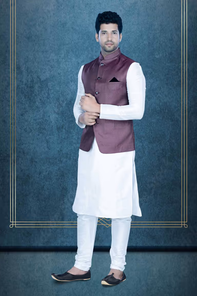 White Kurta Pyjama in Blended Fabric — view 5 of 6