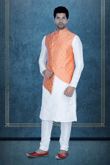White Kurta Pyjama in Blended Fabric — view 5 of 6