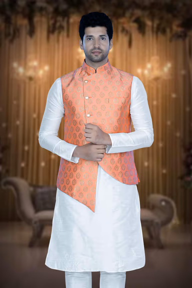White Kurta Pyjama in Blended Fabric — view 1 of 6