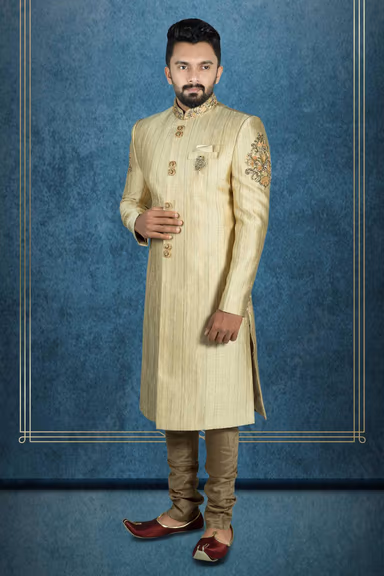 Zardozi And Thread Embroidery Imported Synthetic Fabric Beige Sherwani — view 6 of 6