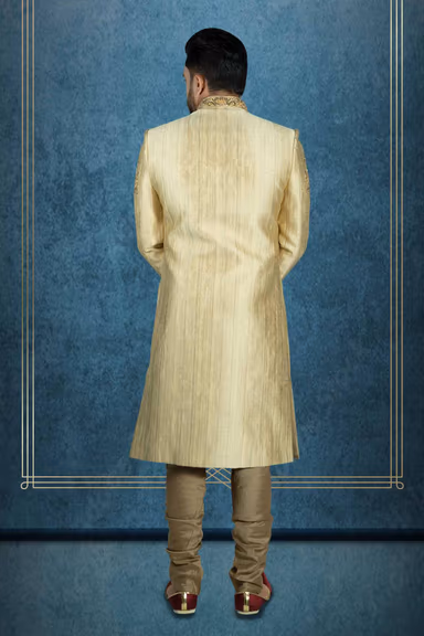 Zardozi And Thread Embroidery Imported Synthetic Fabric Beige Sherwani — view 3 of 6