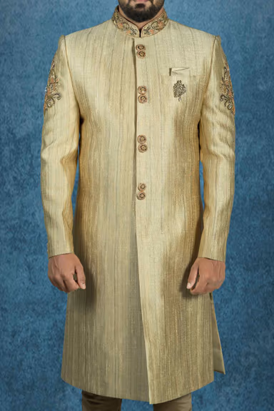 Zardozi And Thread Embroidery Imported Synthetic Fabric Beige Sherwani — view 4 of 6