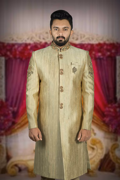 Zardozi And Thread Embroidery Imported Synthetic Fabric Beige Sherwani — view 1 of 6