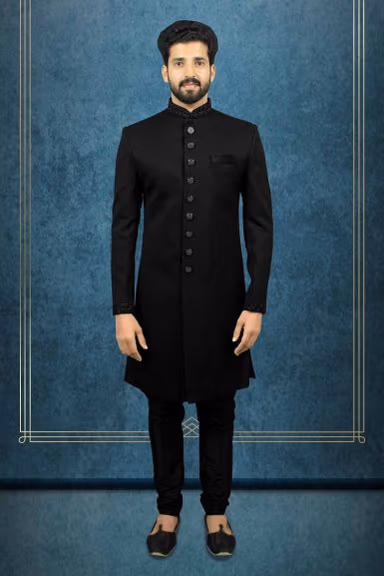 Nawabi Jaquard Black Sherwani — view 1 of 6