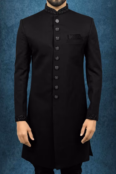 Nawabi Jaquard Black Sherwani — view 5 of 6