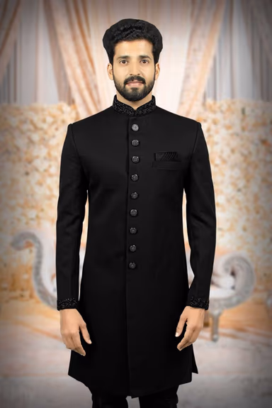 Nawabi Jaquard Black Sherwani — view 2 of 6