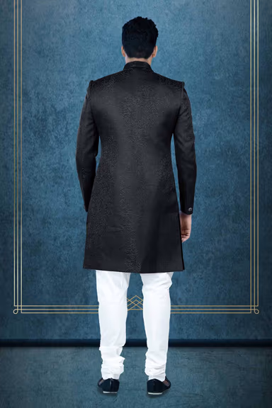 Patterned Imported Synthetic Fabric In Black  Sherwani — view 4 of 6